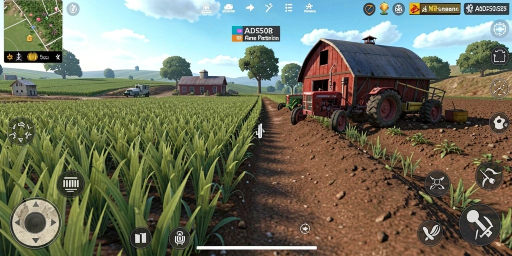 Tampilan gameplay ADS508 menampilkan ladang yang subur dan hewan ternak yang ceria.