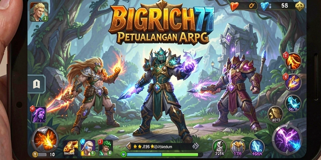 Tampilan utama gameplay BIGRICH77 dengan pertarungan seru dan lingkungan fantastis.