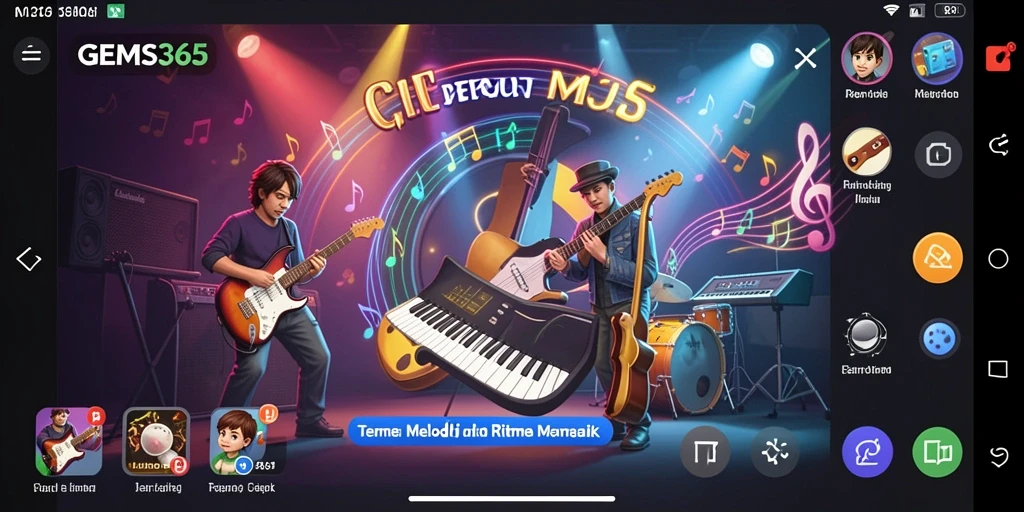 Screenshot utama GEMS365 menunjukkan momen seru saat bermain musik.