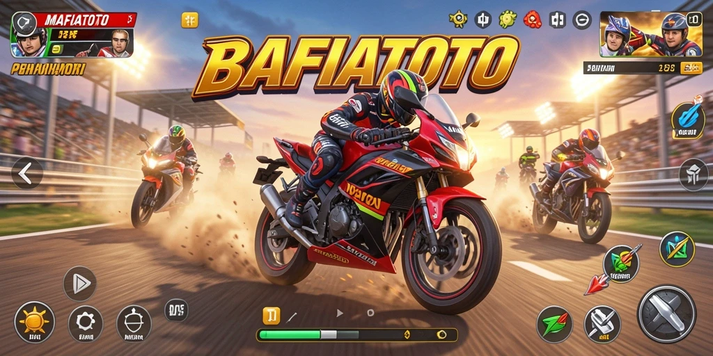 Tampilan gameplay MAFIATOTO dengan aksi balapan motor yang seru.