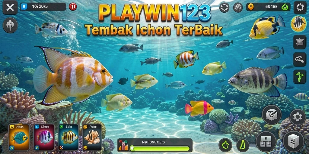 Screenshot gameplay PLAYWIN123 dengan ikan berwarna-warni.